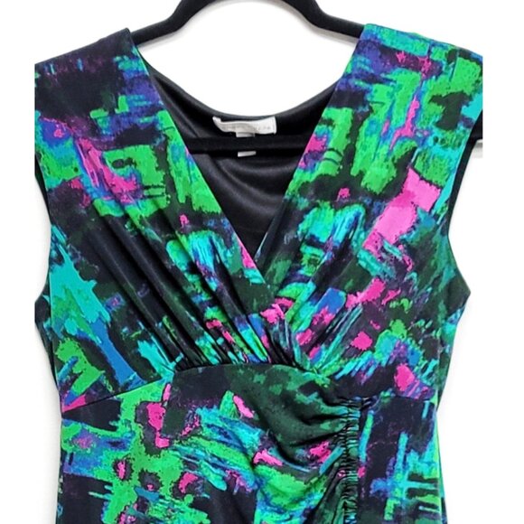 London Times Vibrant Abstract V-Neck Ruched Dress 8 - Picture 2 of 7